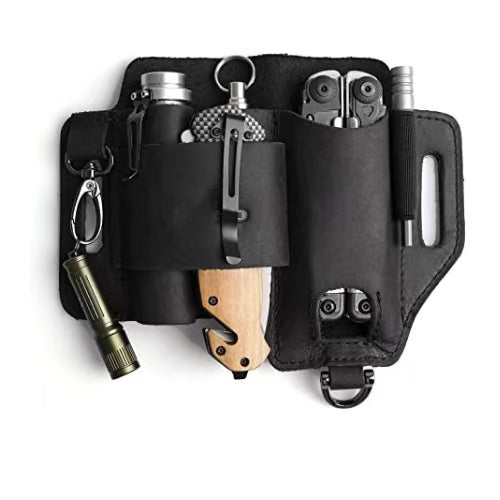 Black leather tool waist pouch with multiple tool slots and belt attachment