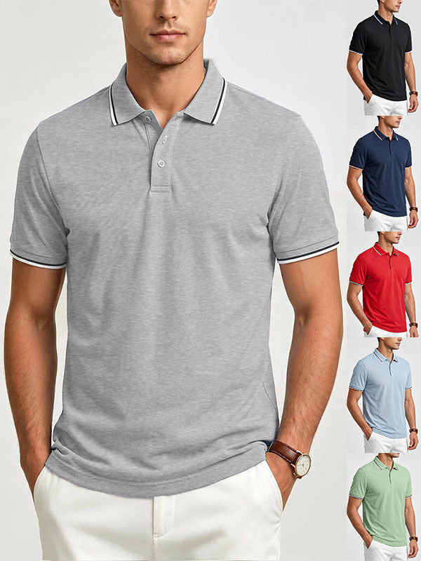 Men's gray polo shirt with contrast collar trim; other colors shown