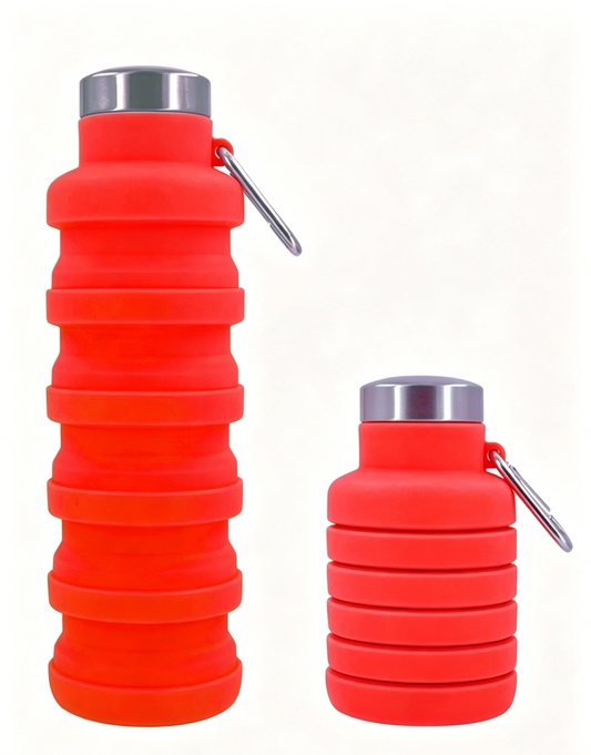 Red collapsible silicone water bottle with metal cap and loop handle, ribbed body