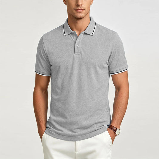 Men's gray short-sleeve polo shirt with button placket and contrast collar trim
