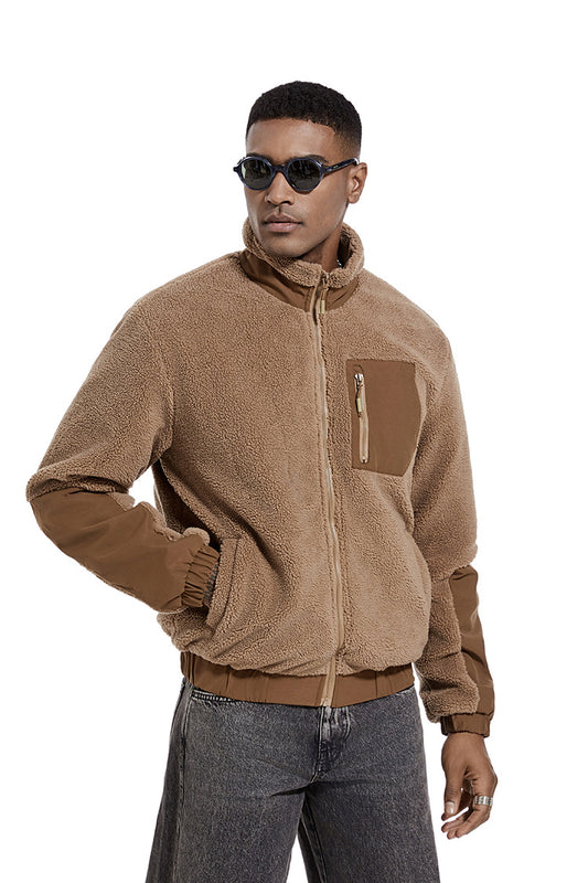 Men's color block sherpa fleece zip jacket in tan, full-zip with stand collar