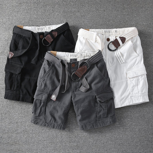 Men's relaxed-fit outdoor shorts in black, gray, and white with cargo pockets