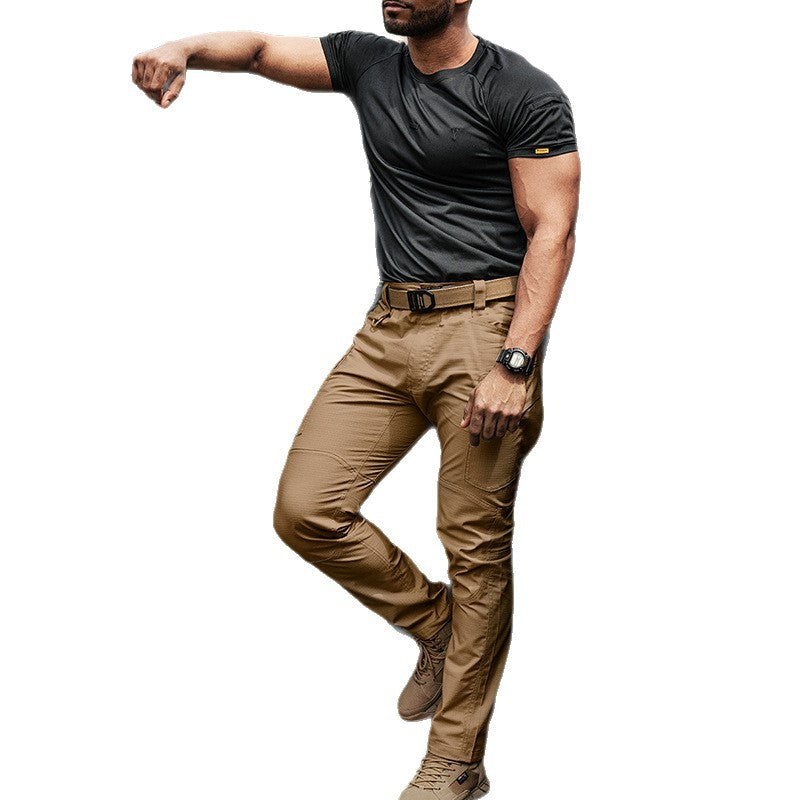 Brown tactical cargo pants with belt loops, zip fly, and roomy cargo pockets