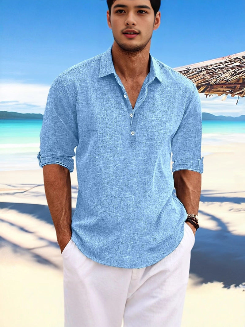 Light blue linen-blend henley long-sleeve shirt with button placket and collar