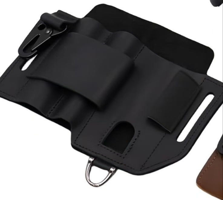 Black leather tactical tool waist pouch with flap pockets, tool holder and metal D-ring