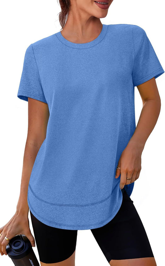 Women’s short-sleeve curved-hem T-shirt, heather blue crew neck