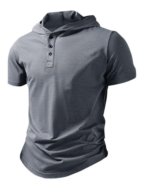 Gray hooded henley T-shirt with short sleeves and button placket