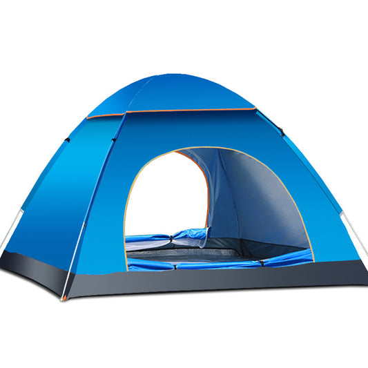 Pop-up camping tent in blue with front door opening and mesh window