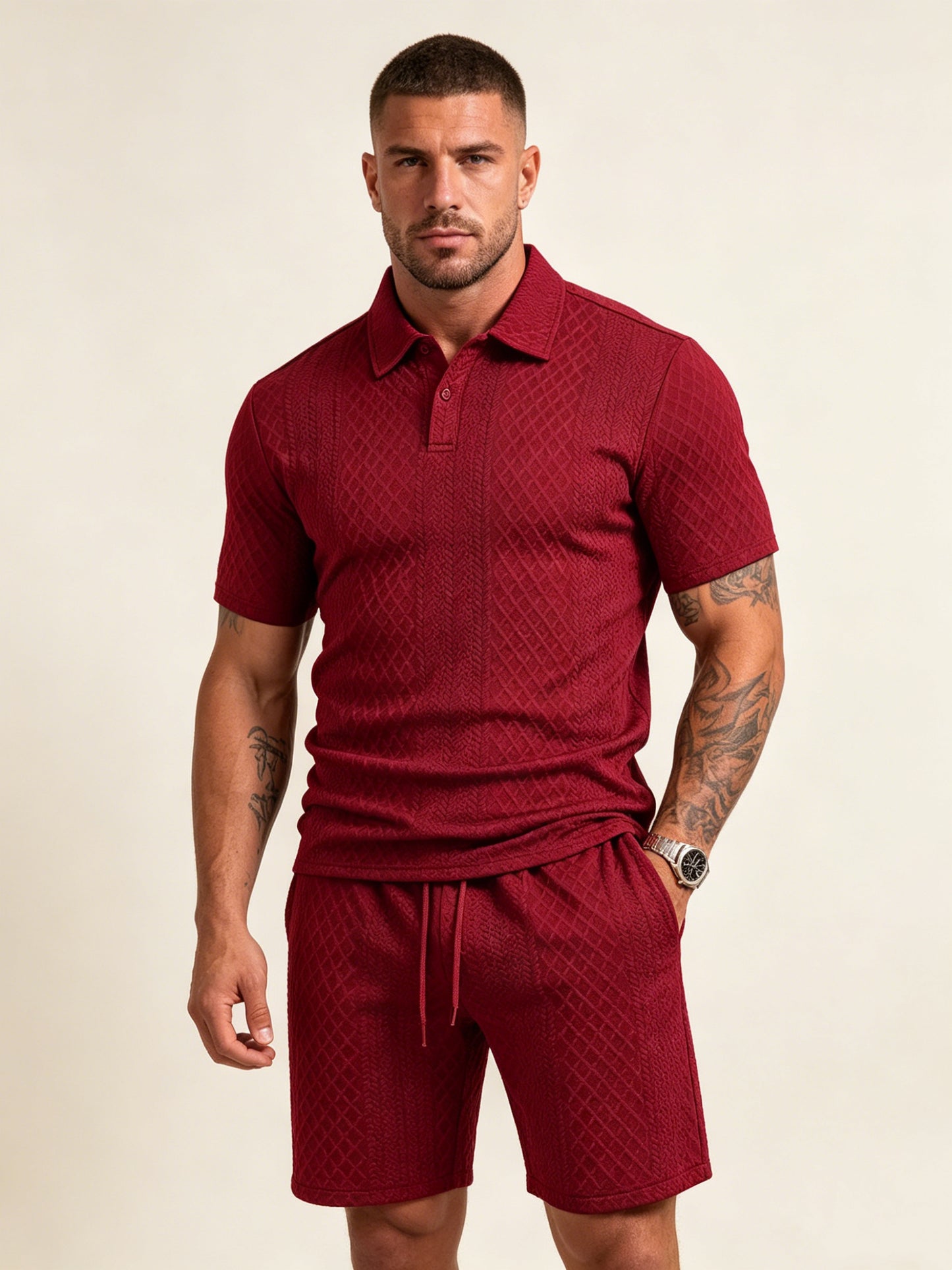Lightweight textured polo and shorts set, red polo with matching shorts