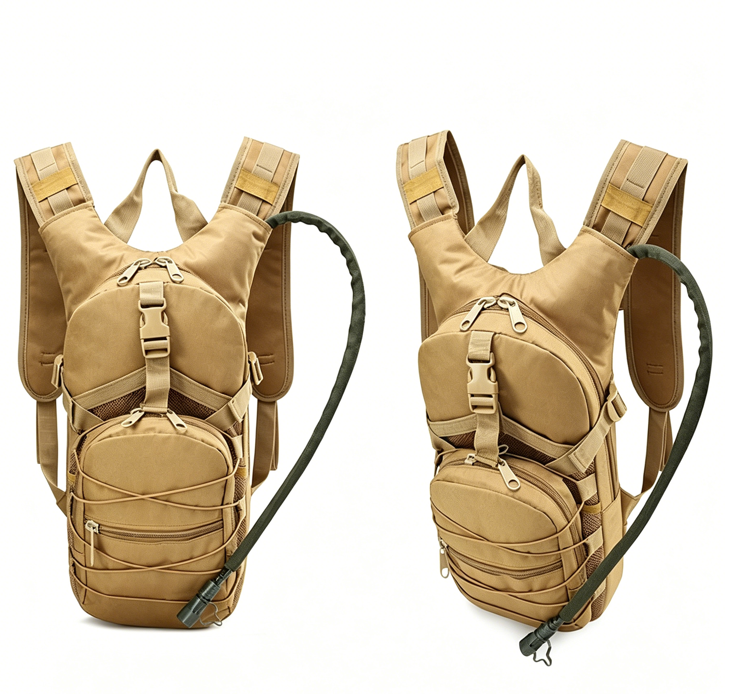 Khaki tactical hydration backpack with front zip pockets, hydration tube and straps