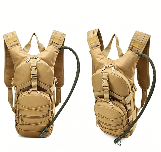 Khaki tactical hydration backpack with front zip pockets, hydration tube and straps