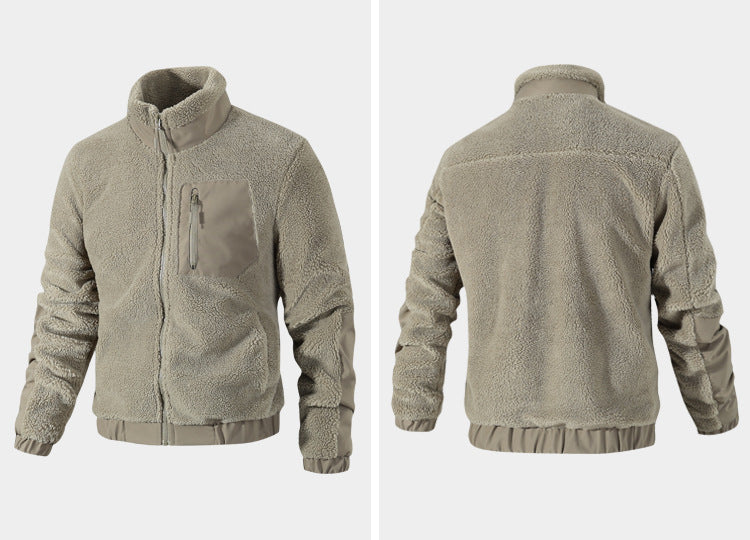Light gray sherpa fleece zip jacket with contrast pocket and elastic cuffs