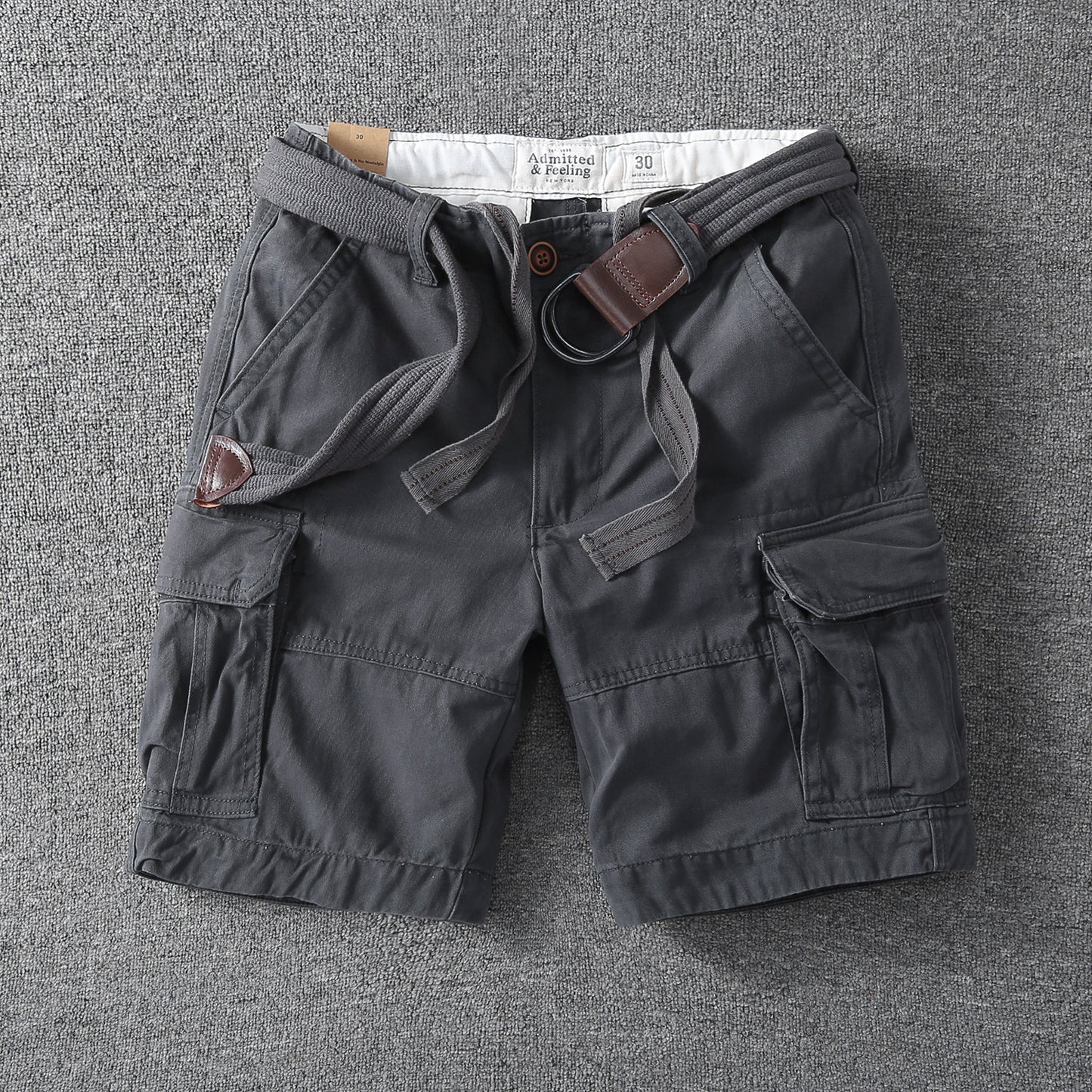 Men's relaxed-fit outdoor shorts in dark gray with cargo pockets and drawstring