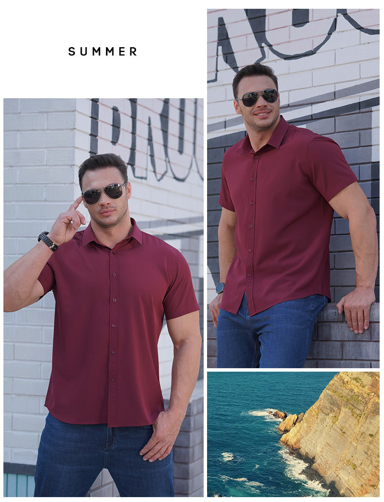Maroon men’s short-sleeve button-up business shirt with a pointed collar