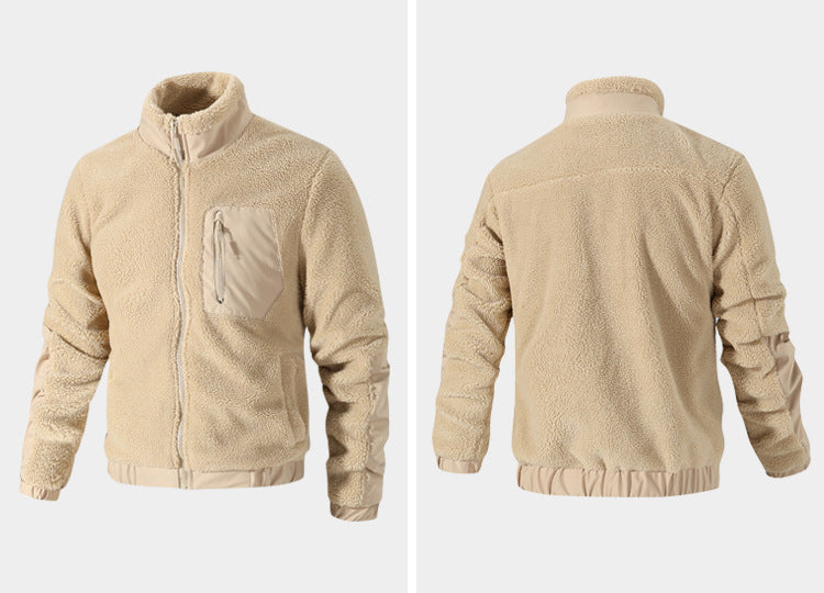 Beige sherpa fleece zip jacket with contrast pocket and elastic cuffs