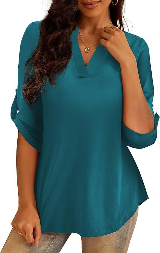 Teal split V-neck tunic top with elbow-length sleeves and slightly flared hem