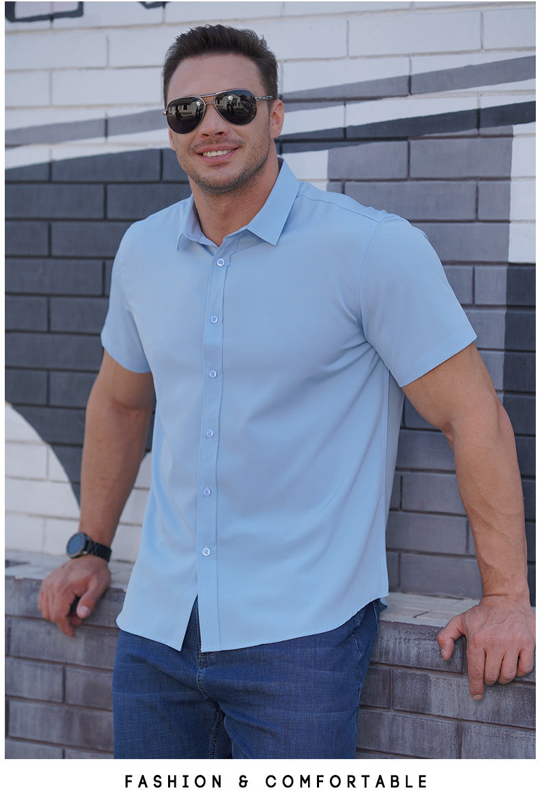 Light blue short-sleeve button-up business shirt, fold-down collar and front buttons