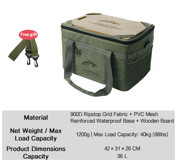 Green tactical camping storage bag with tabletop lid, front pocket, and side carry handles.