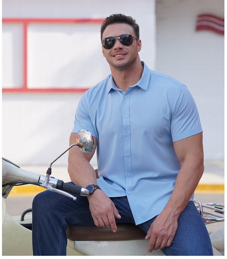 Sky blue short-sleeve button-up business shirt with fold-down collar and front buttons