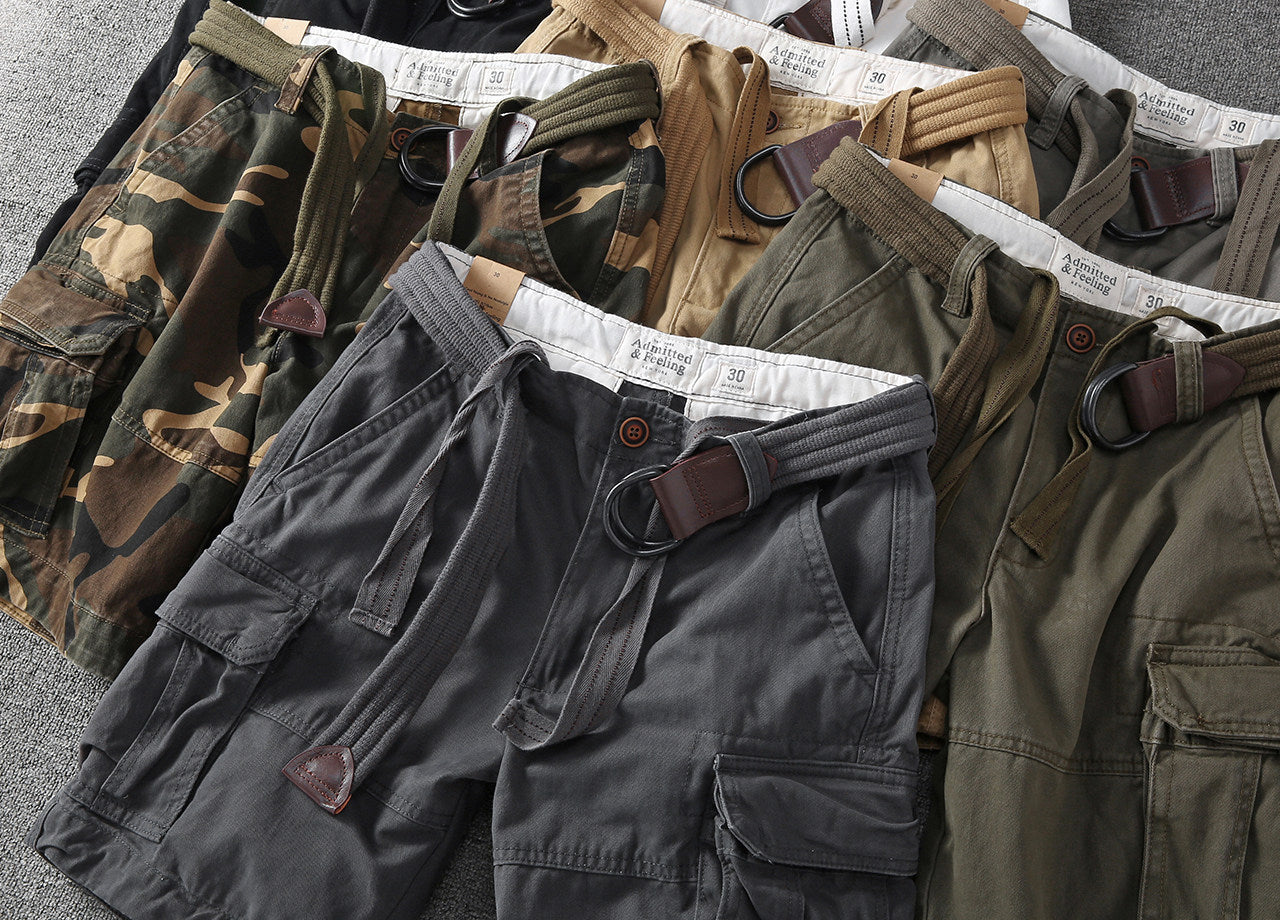 Multi-pocket outdoor cargo shorts, shown in camo, olive, charcoal, and dark tones