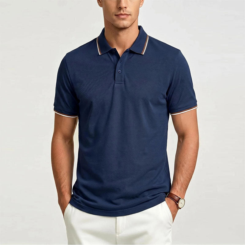 Men's navy short-sleeve polo shirt with button placket and contrast collar trim