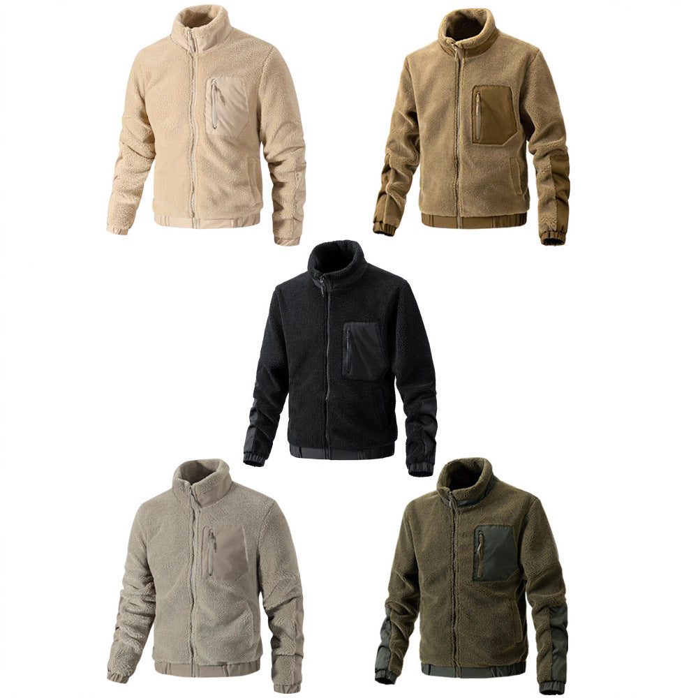 Men's sherpa fleece zip jacket, assorted color blocks with stand collar