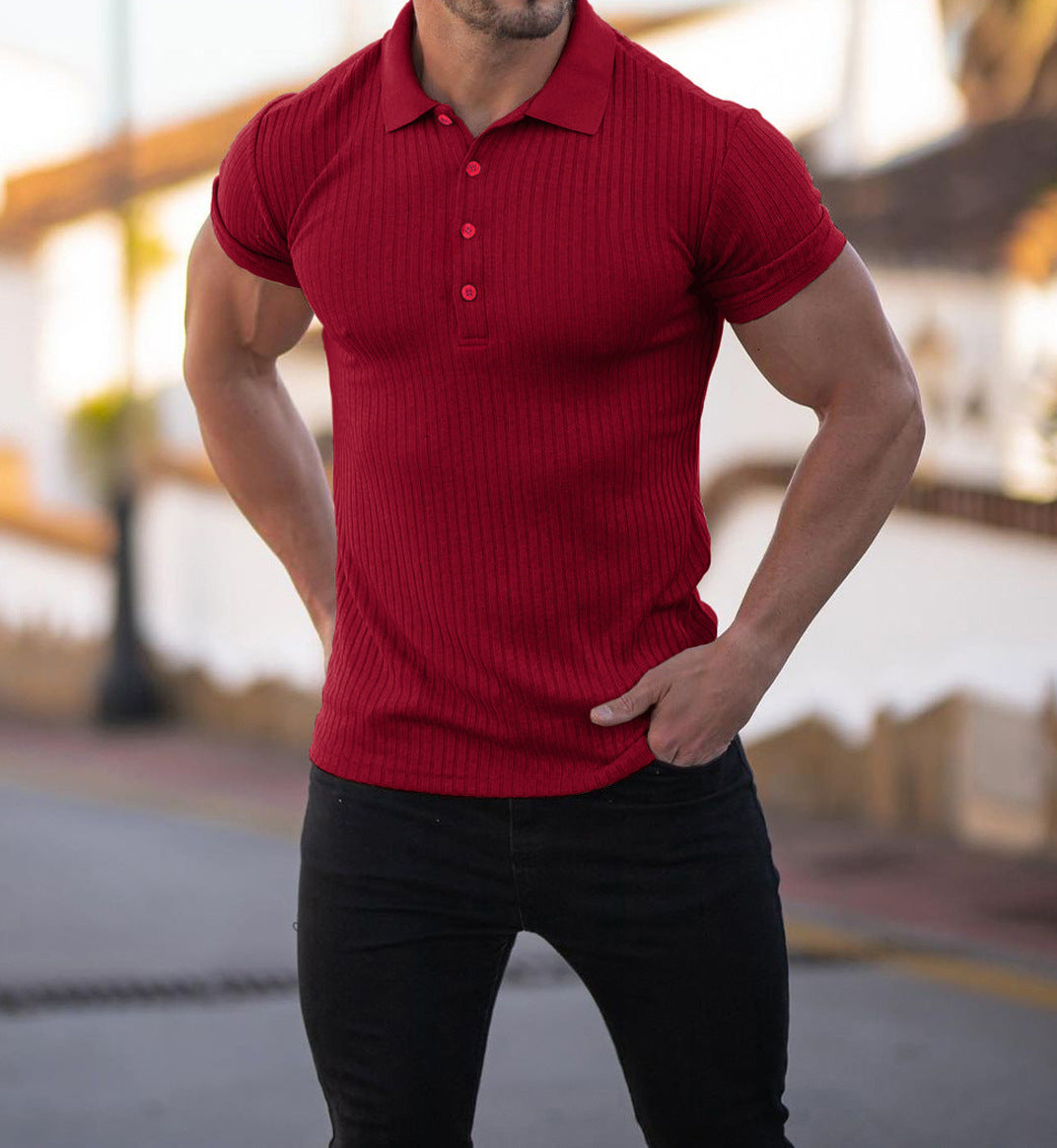 Men's ribbed stretch polo shirt, deep red, short sleeves with button placket