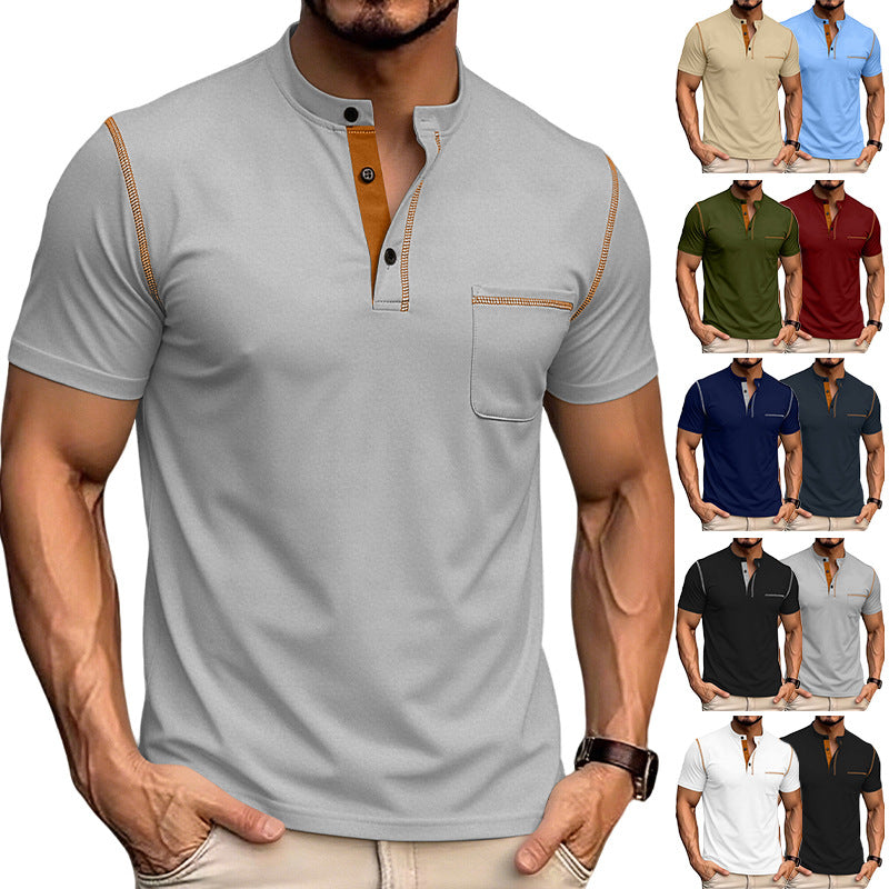 Men's light gray stand-collar henley polo shirt with button placket and chest pocket
