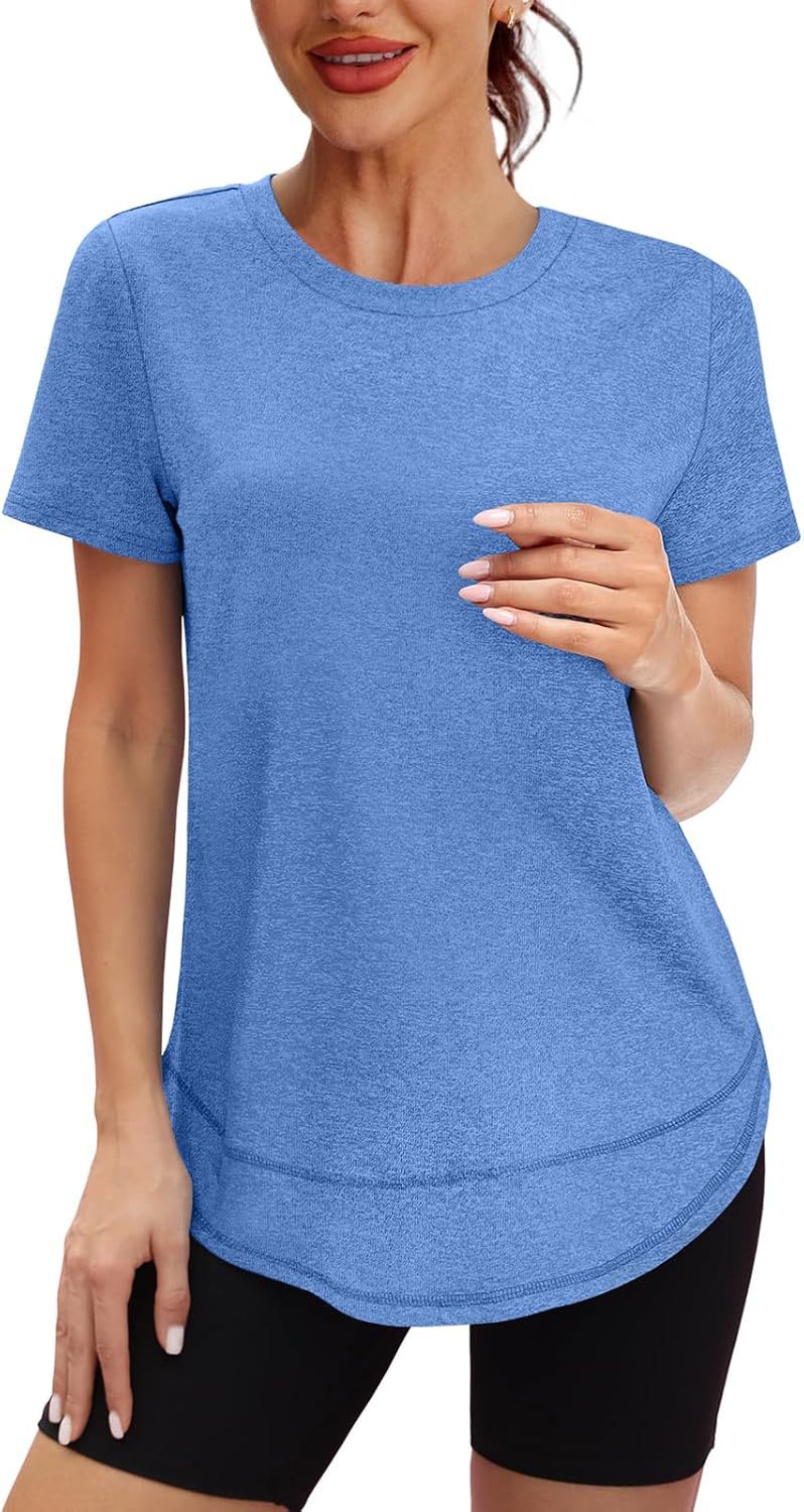 Women’s short-sleeve curved-hem T-shirt, heather blue crew neck