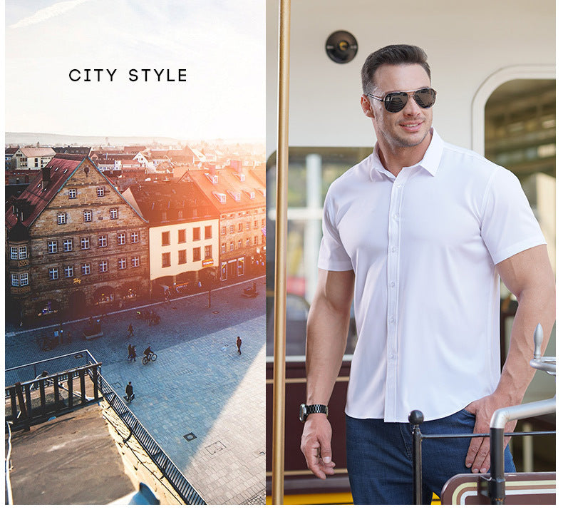 White short-sleeve button-up business shirt with fold collar and front button placket
