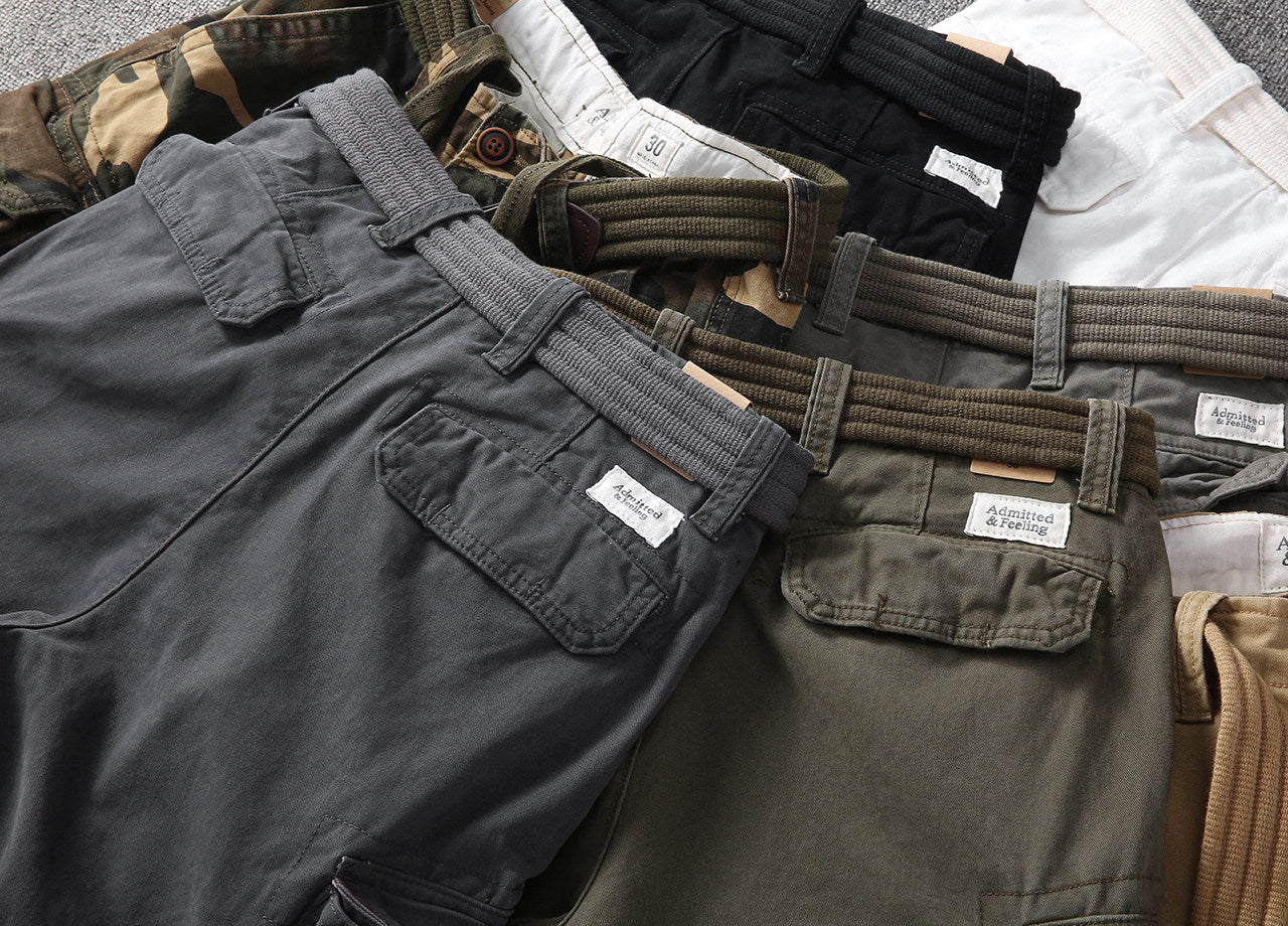Multi-pocket cargo shorts with front slash pockets and buttoned side pockets, gray and olive