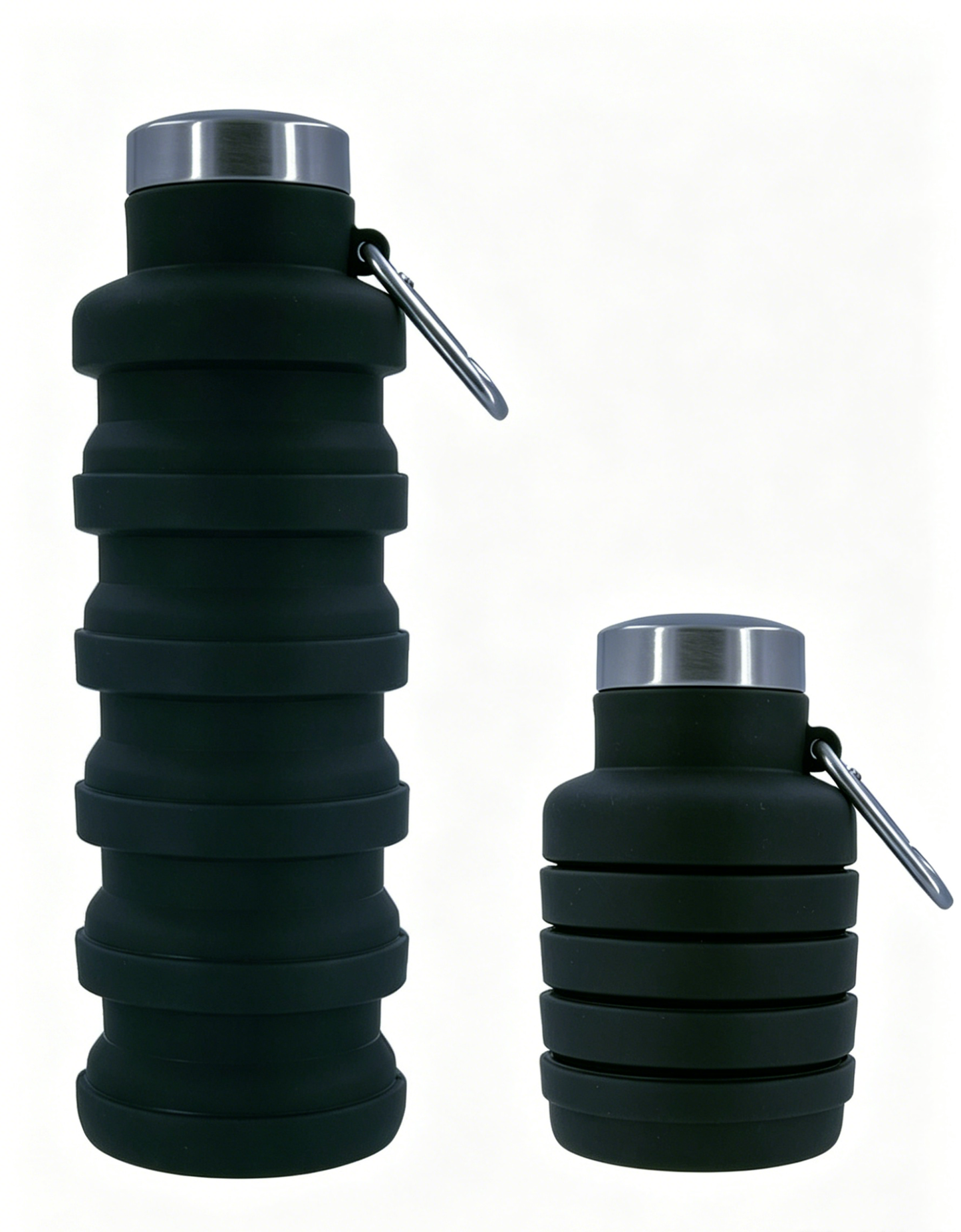 Dark collapsible silicone water bottle with metal cap and loop handle, ribbed body