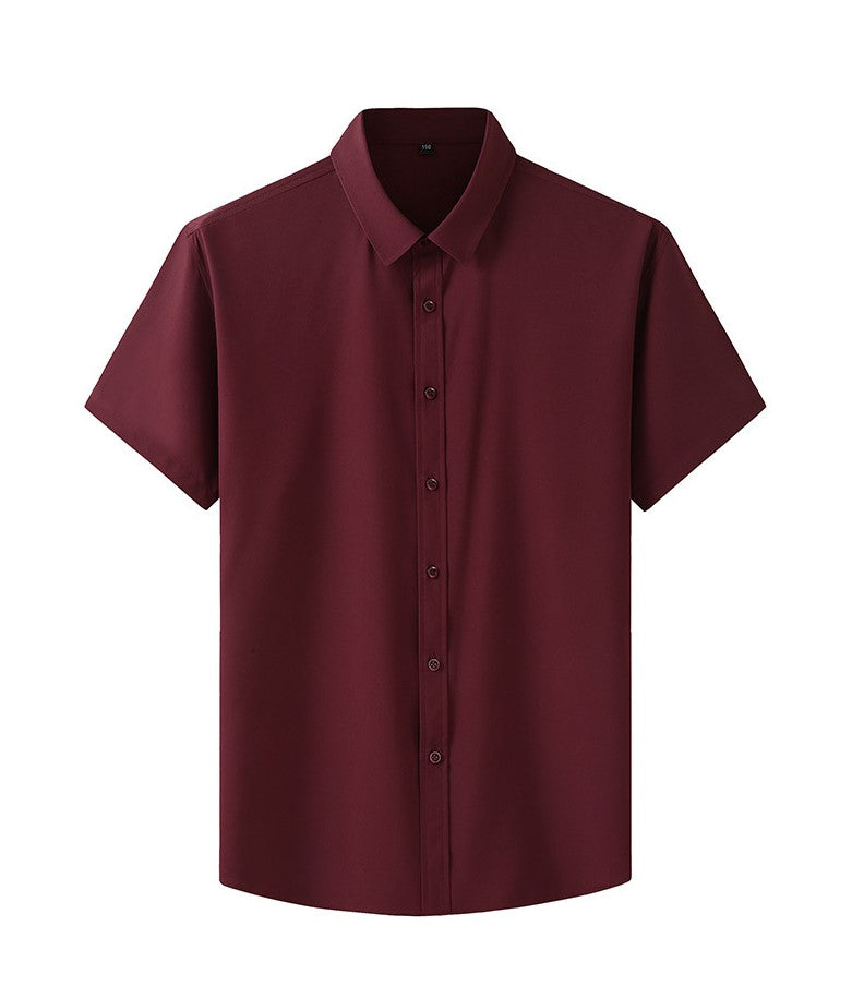 Burgundy short-sleeve button-up business shirt with fold-down collar and front buttons