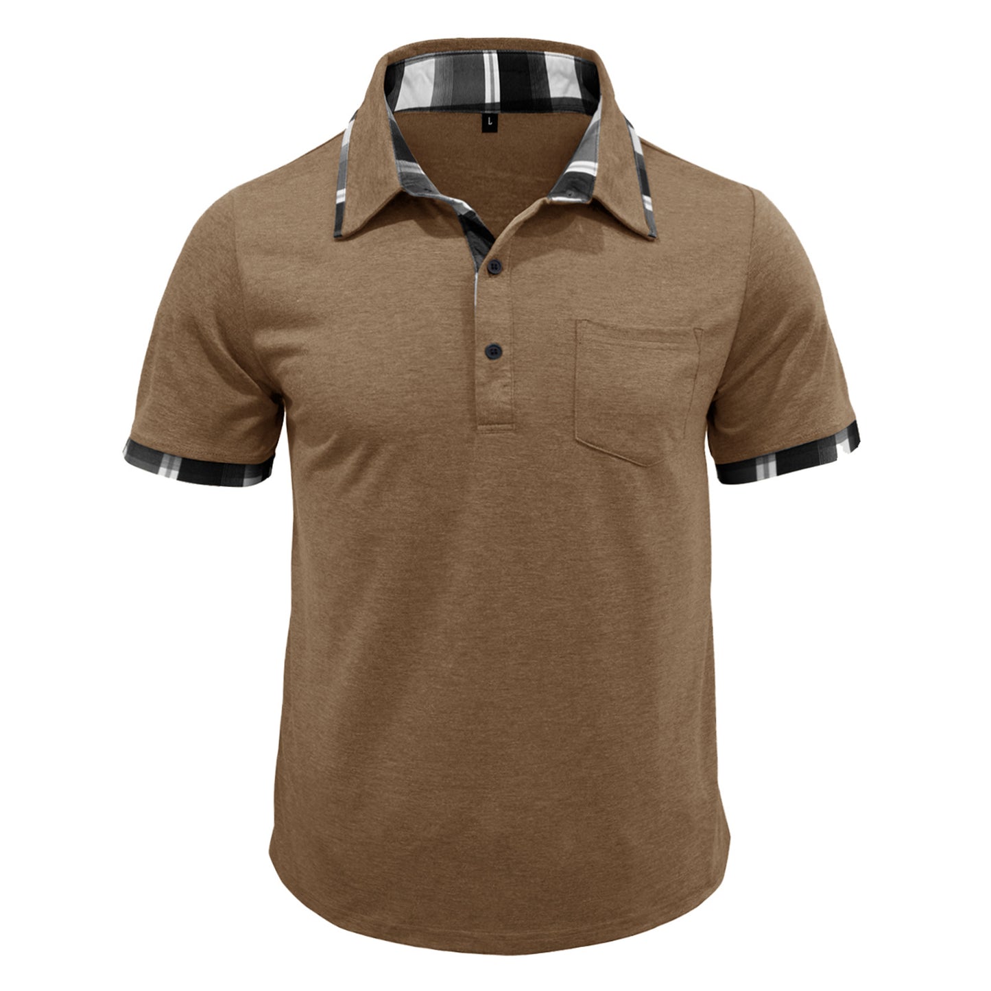 Khaki short-sleeve polo with plaid collar trim and chest pocket, button placket