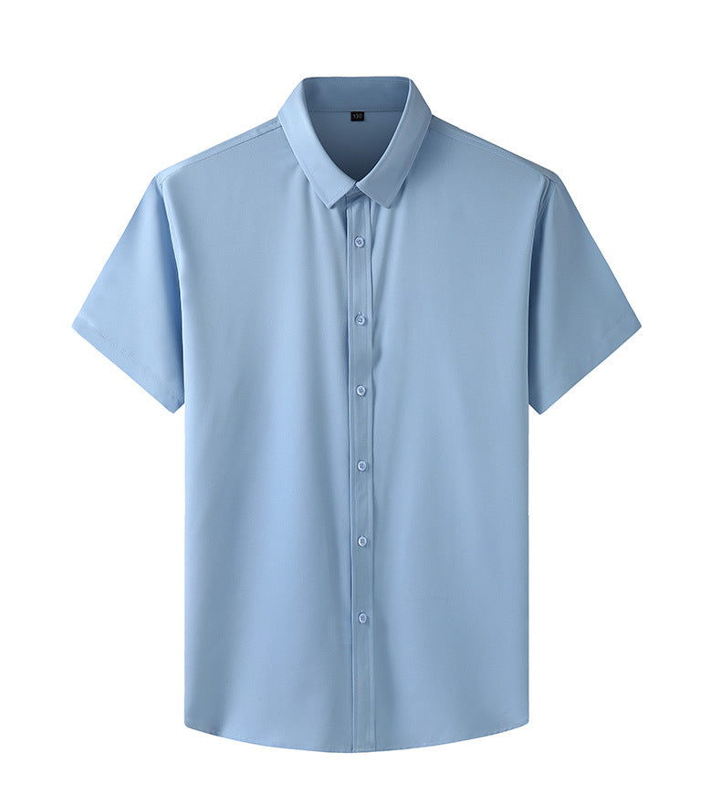 Light blue short-sleeve button-up business shirt with fold-down collar and front buttons