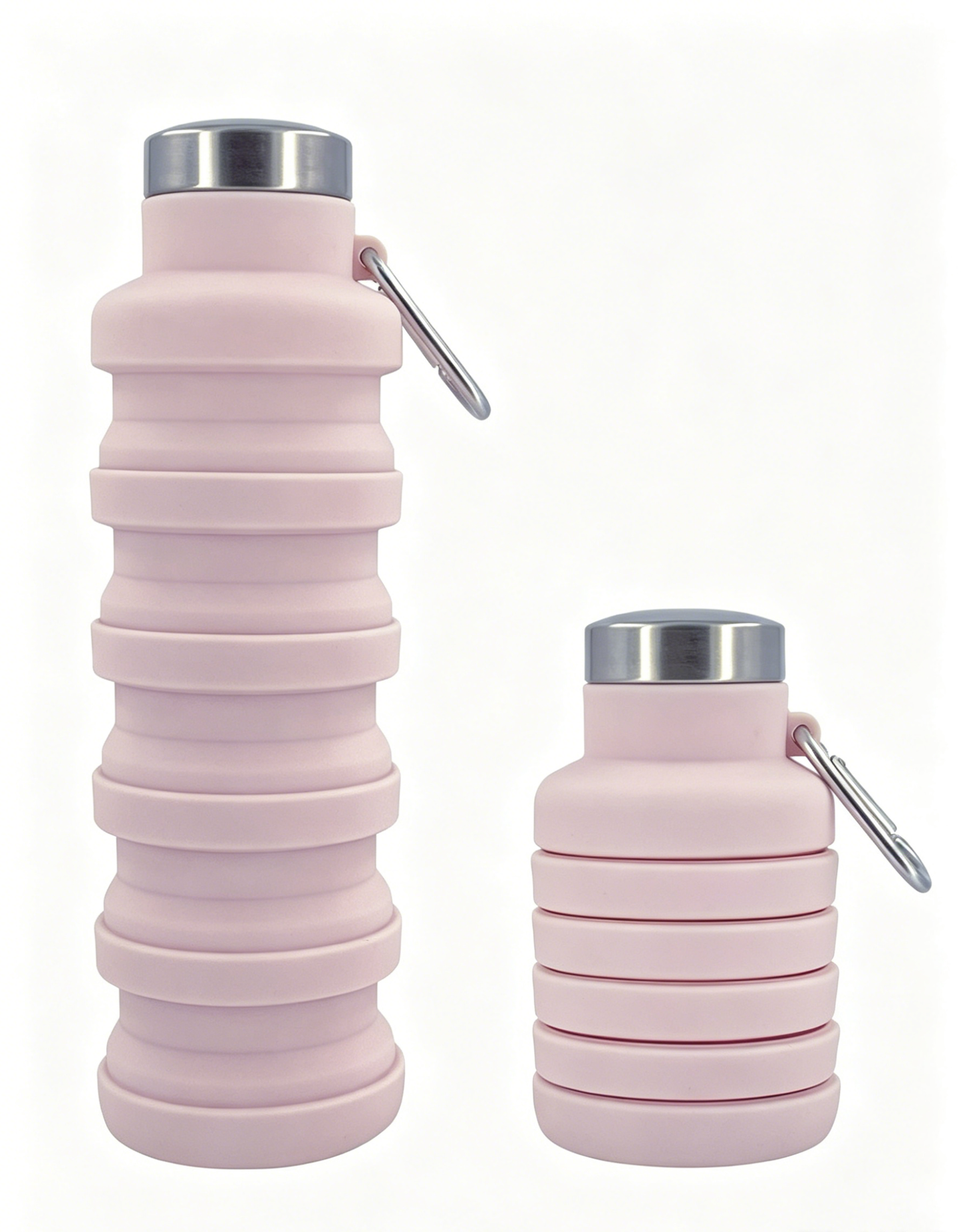 Pink collapsible silicone water bottle with metal cap and loop handle, ribbed body