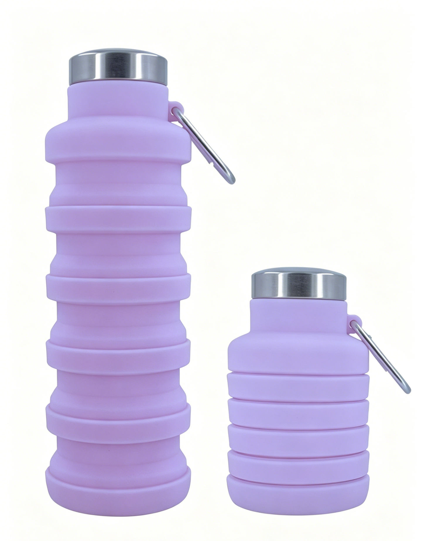 Purple collapsible silicone water bottle with metal cap and loop handle, ribbed body