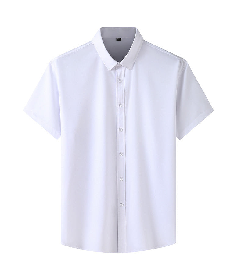 White short-sleeve button-up business shirt with fold-down collar and front buttons