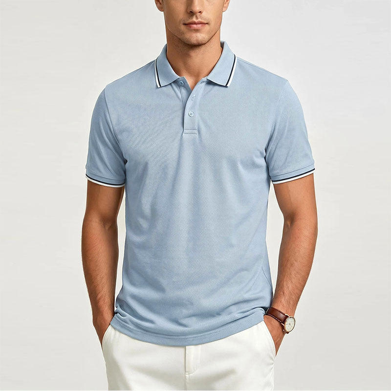 Light blue men’s short-sleeve polo shirt with button placket and contrasting collar trim.