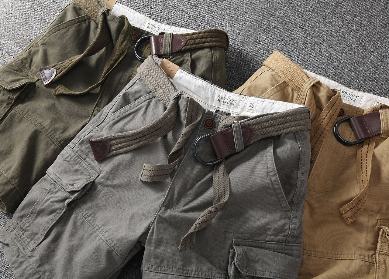 Cargo shorts with multiple pockets and belt loops, shown in olive, gray, and tan