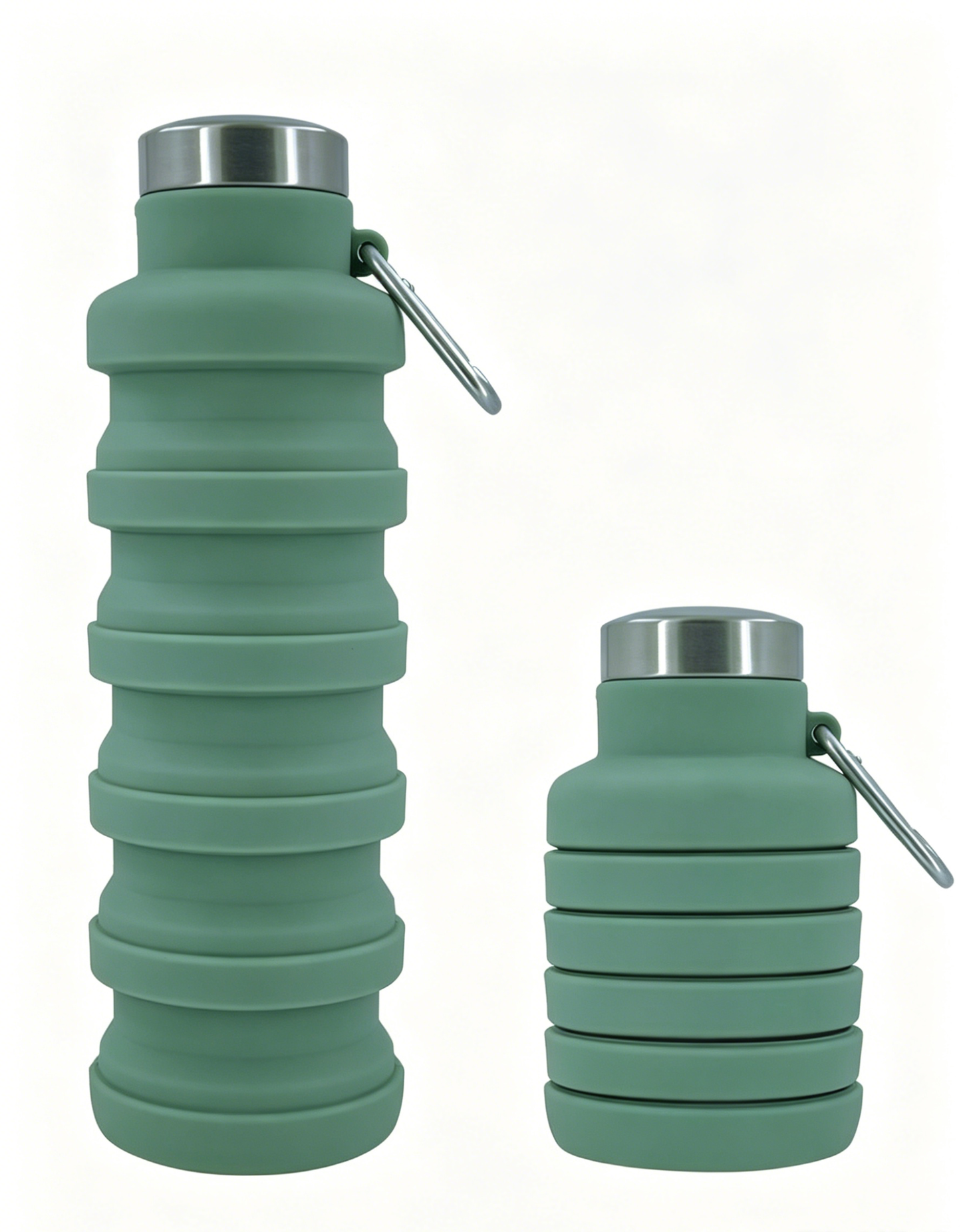 Green collapsible silicone water bottle with metal cap and loop handle, ribbed body
