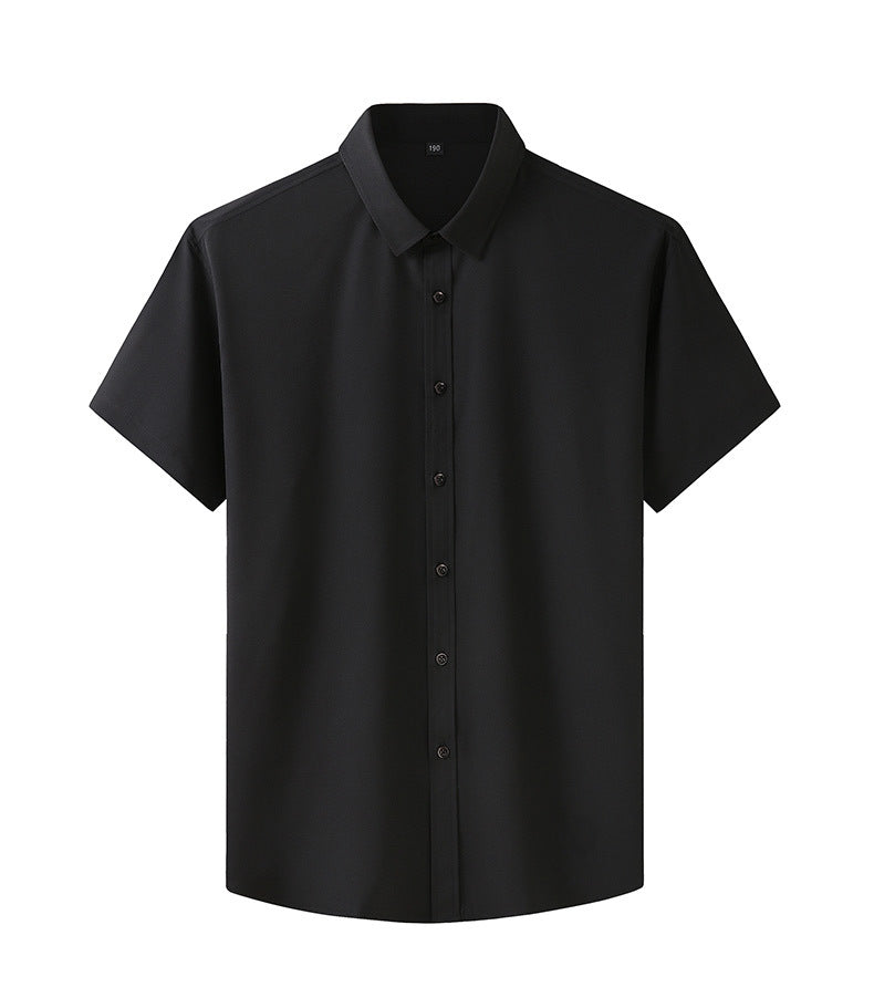 Black short-sleeve button-up business shirt with fold-down collar and front buttons