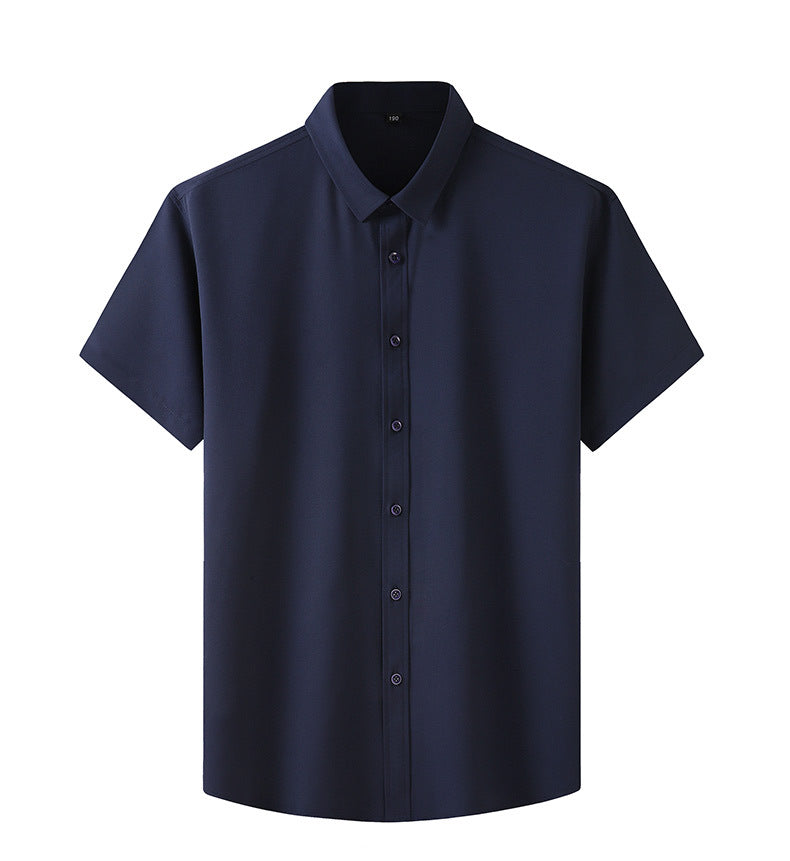 Navy short-sleeve button-up business shirt with fold-down collar and front buttons