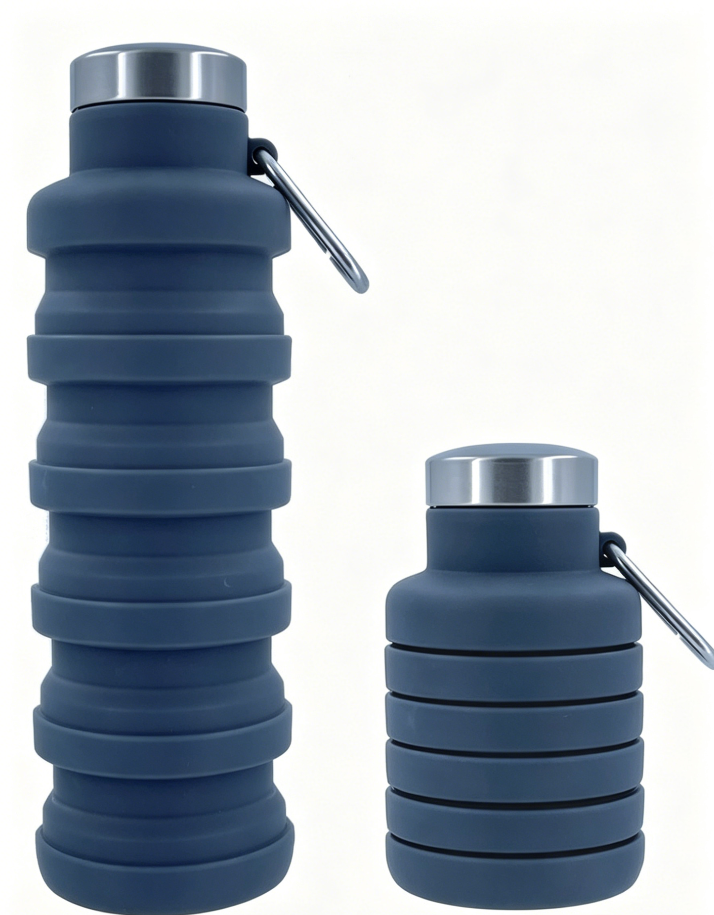 Dark blue collapsible silicone water bottle with metal cap and loop handle, ribbed body