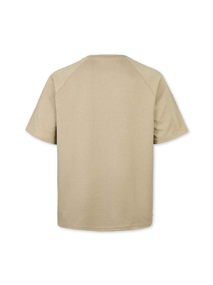 Men's waffle knit tee in khaki, crew neck and short sleeves, front view