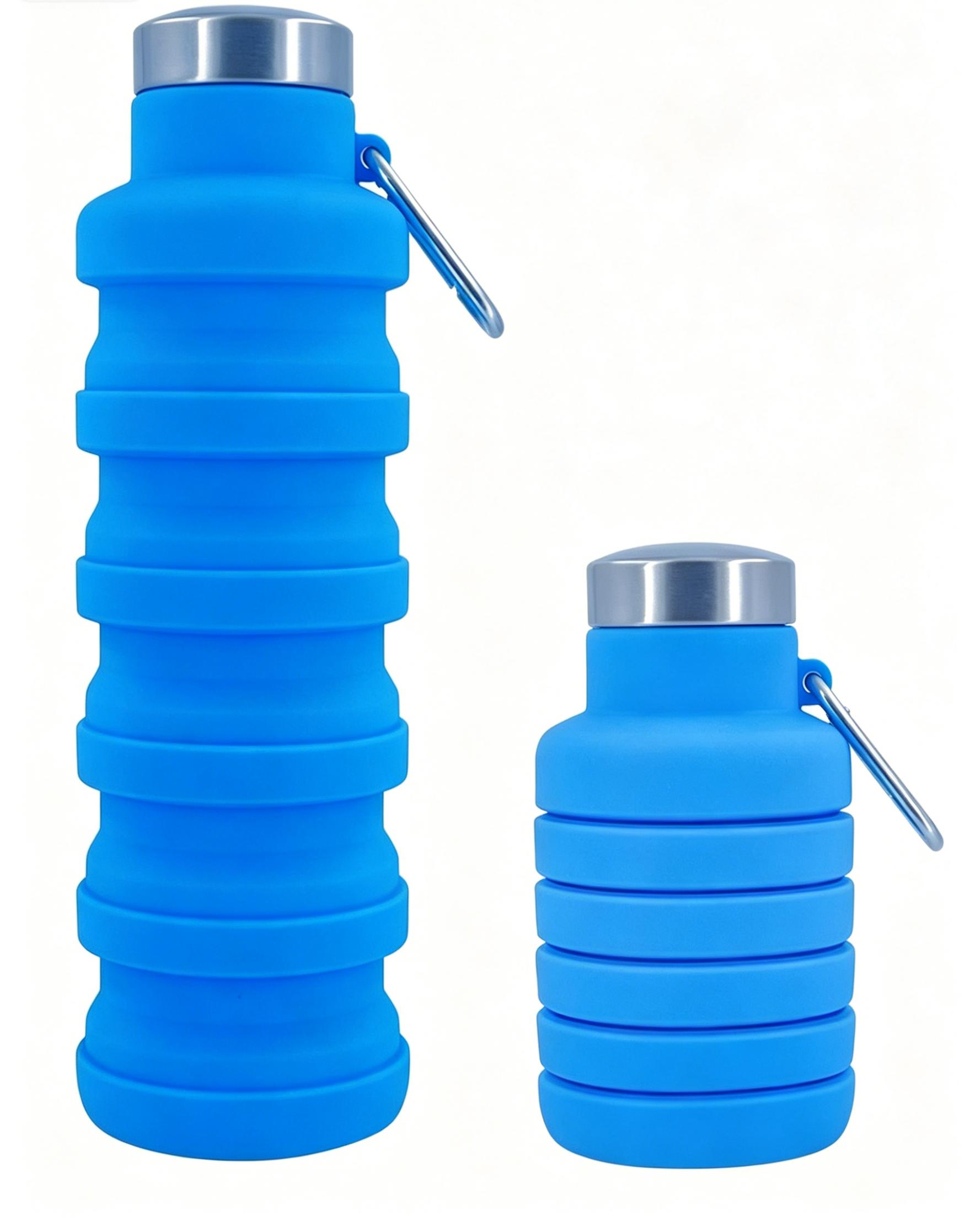 Sky blue collapsible silicone water bottle with metal cap and loop handle, ribbed body
