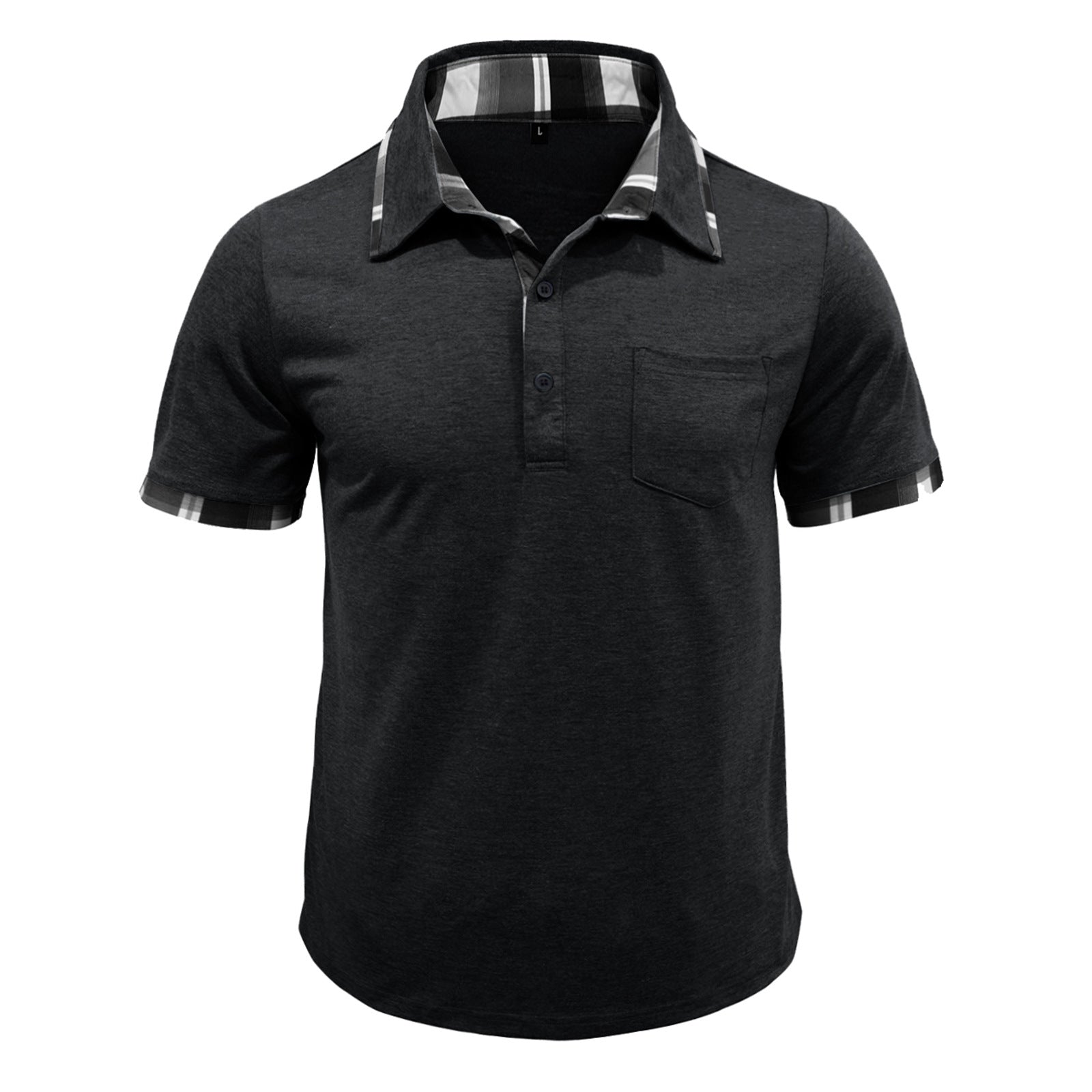 Black short-sleeve polo with plaid collar trim and chest pocket, button placket