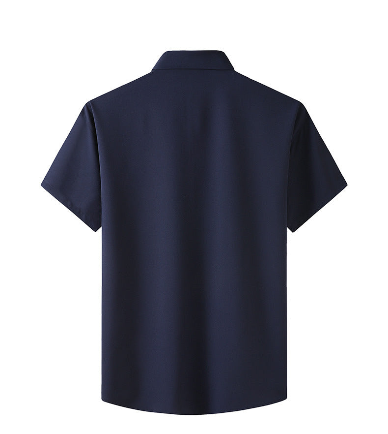 Navy short-sleeve button-up business shirt, back view with short sleeves