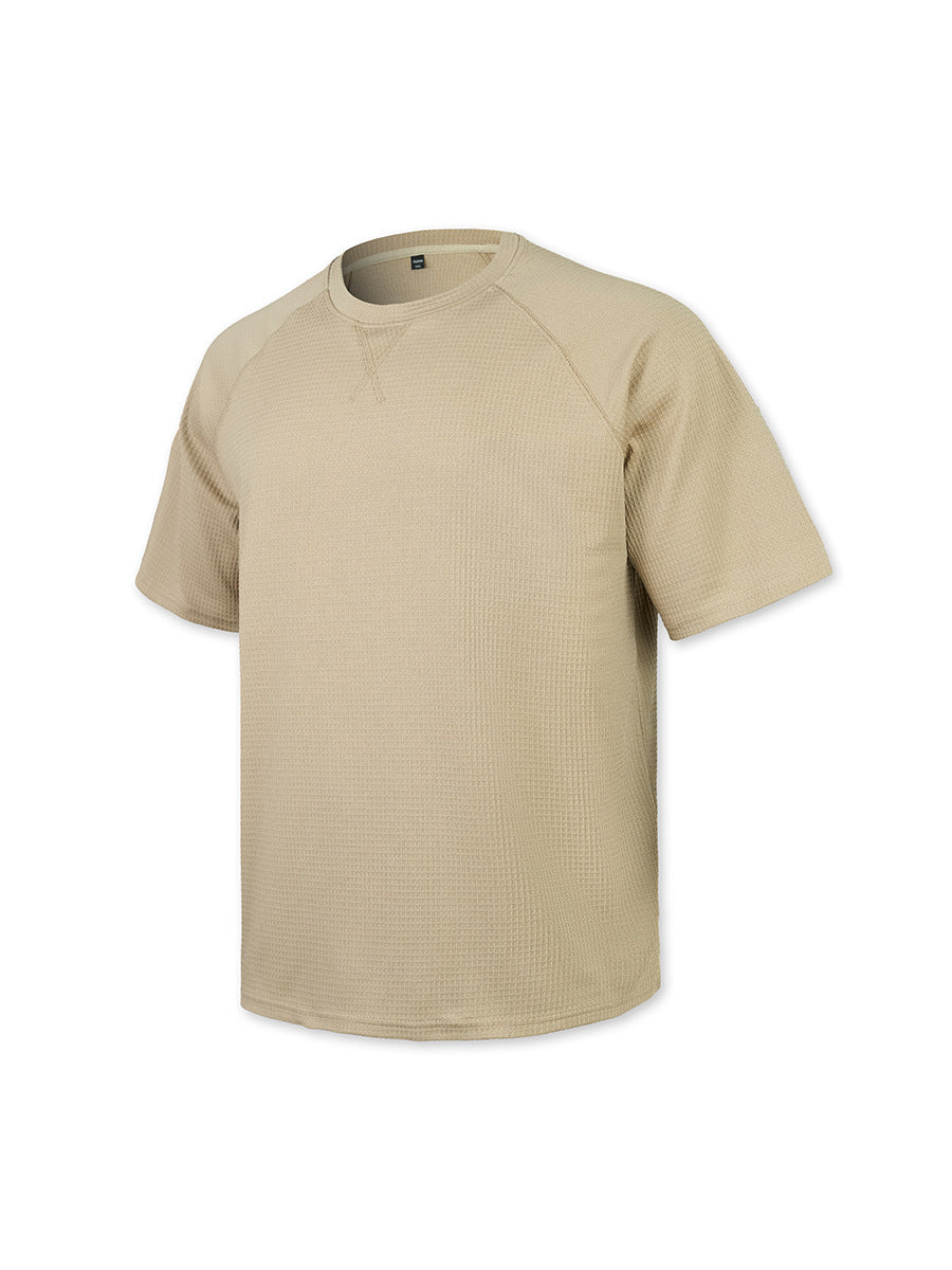 Men's waffle knit tee in khaki, crew neck and short sleeves, angled view