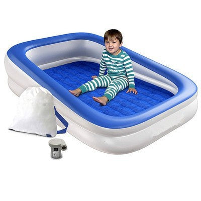 Blue kids inflatable travel mattress with raised sides and cushioned sleeping surface